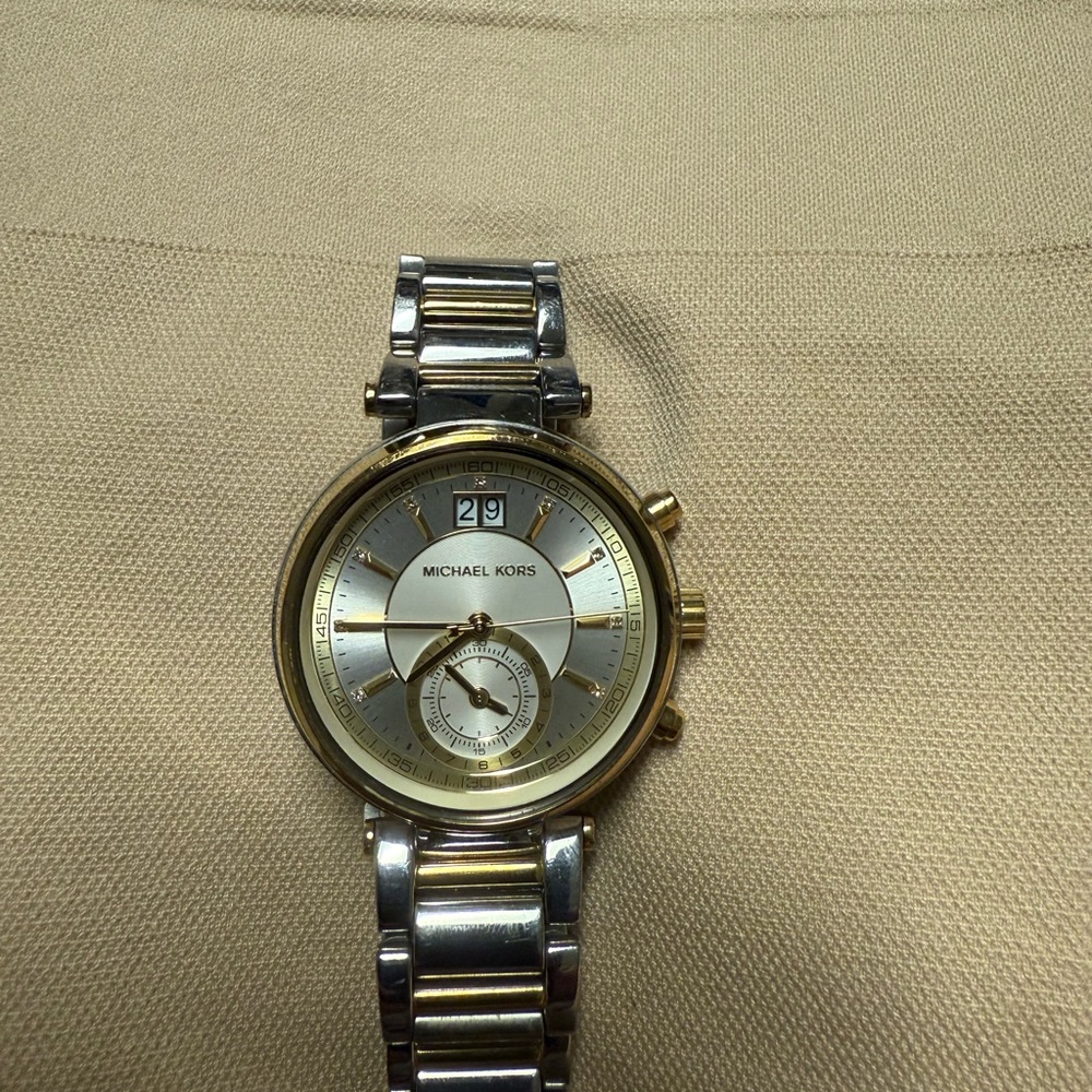 Michael Kors Sawyer Silver dial two tone chronograph women’s